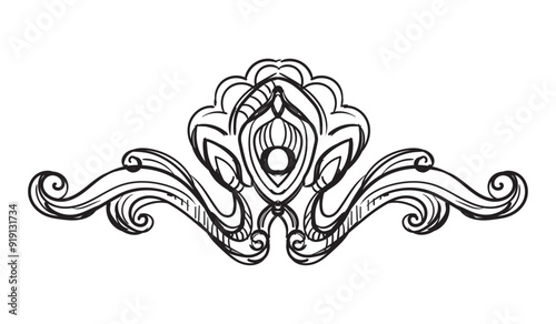 Hand drawing sketch of ornate design element. Abstract baroque style. Vector isolated engraving illustration. Vintage ornate element in old fashioned style for decoration, print and design.