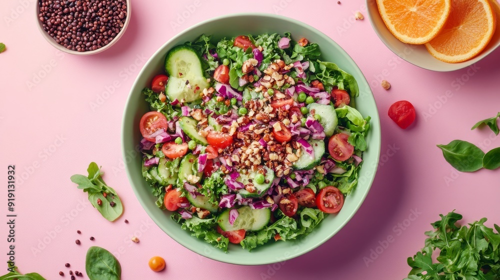 Fresh Green Salad with Tomatoes, Cucumber, and Nuts in Green Bowl Fresh Green Salad with Tomatoes, Cucumber, and Nuts in Green Bowl