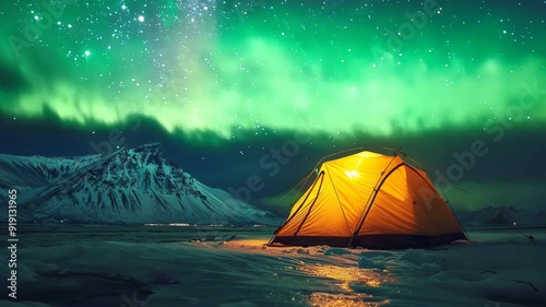 A glowing tent under the northern lights in an icy landscape, symbolizing adventure and exploration.