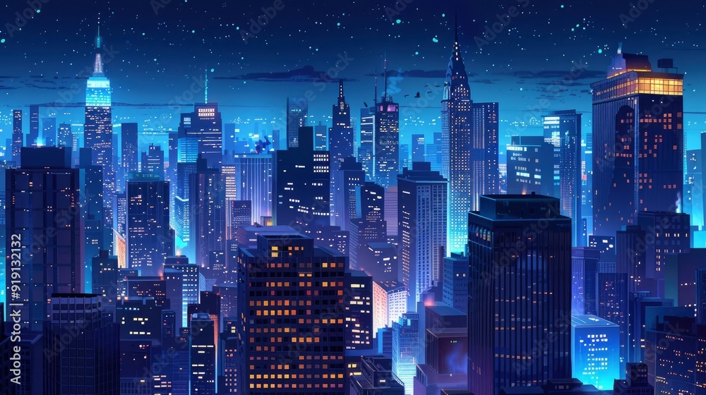 Obraz premium big city at night with skyscrapers, blue and realistic with generative ai