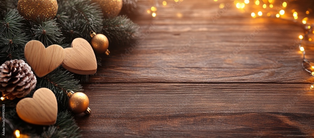 An ornamental composition of a snow fir tree and a Christmas wreath on a wooden background An ornamental composition of a snow fir tree and a Christmas wreath on a wooden background