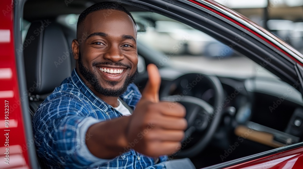 An happy man and a portrait of a car with thumbs up for a finance agreement or a dealership agreement for insurance. This is a showroom with choice and a big thank you for a luxury auto transaction: An happy man and a portrait of a car with thumbs up for a finance agreement or a dealership agreement for insurance. This is a showroom with choice and a big thank you for a luxury auto transaction: