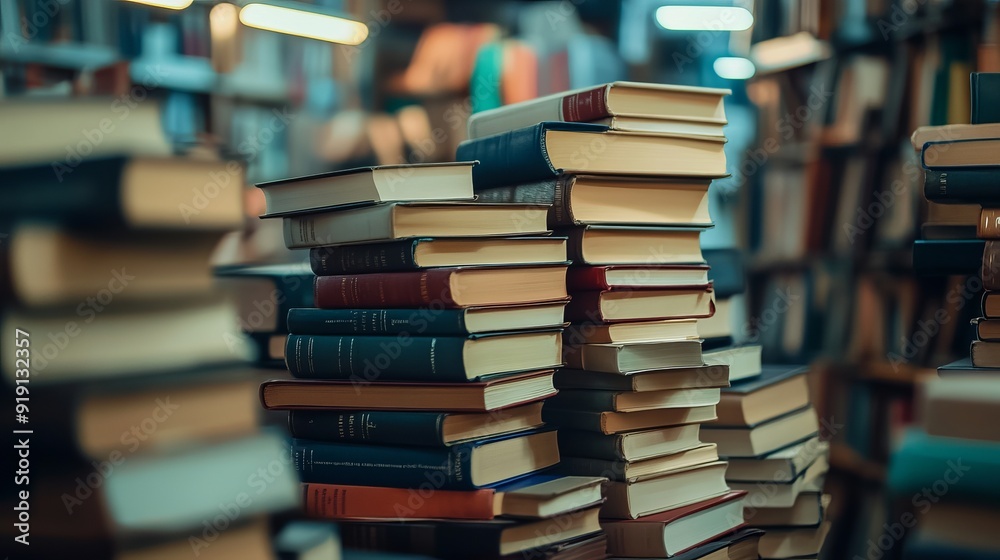 Many books stacked with blurred background of bookstore full of books. Photo with copyspace Many books stacked with blurred background of bookstore full of books. Photo with copyspace