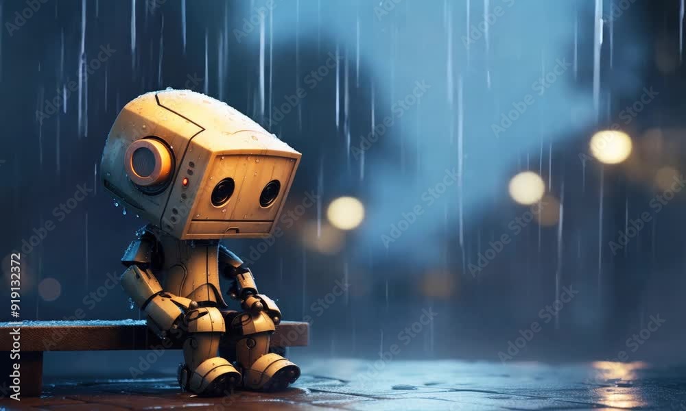cute little sad robot sits in rain animation