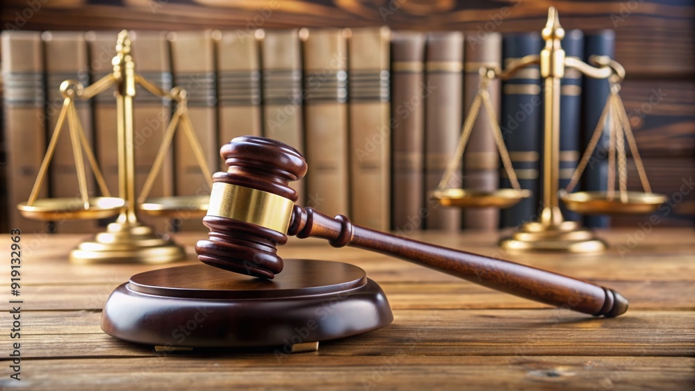 A wooden gavel lies on a desk next to a law book, surrounded by files and evidence, symbolizing fairness and justice in a court of law.