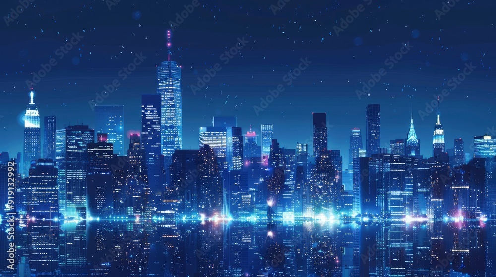 big city at night with skyscrapers, blue and realistic with generative ai