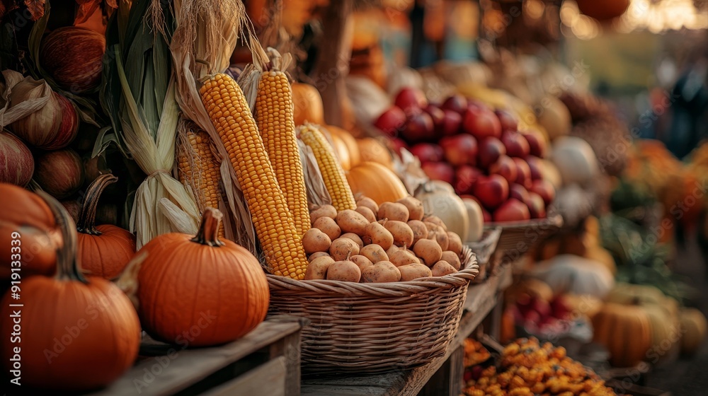 Pumpkins, corn, and seasonal produce displayed in a rustic setting with warm lights. Pumpkins, corn, and seasonal produce displayed in a rustic setting with warm lights.