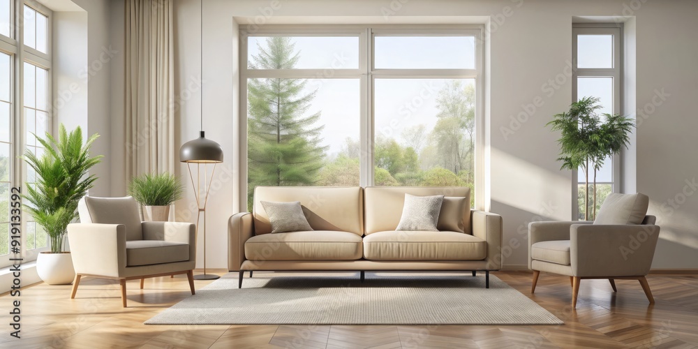 Fototapeta premium Sleek beige sofa and armchair sit on creamy hardwood floors surrounded by minimalist decor, natural light pouring in through large windows in modern living space.