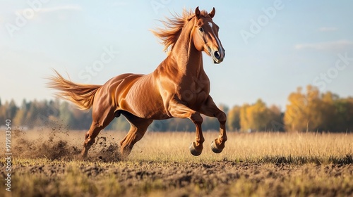 Majestic Horse Galloping in a Sunlit Field - Stunning Stock Photo
