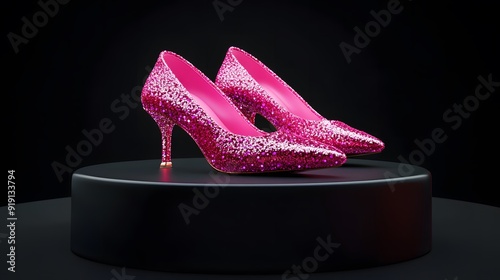 Pink glittery women's heeled shoes on black background, season sale