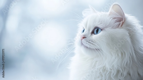 A graceful white Persian cat with a luxurious coat, its face gently illuminated by a softly blurred background of pale blues and grays