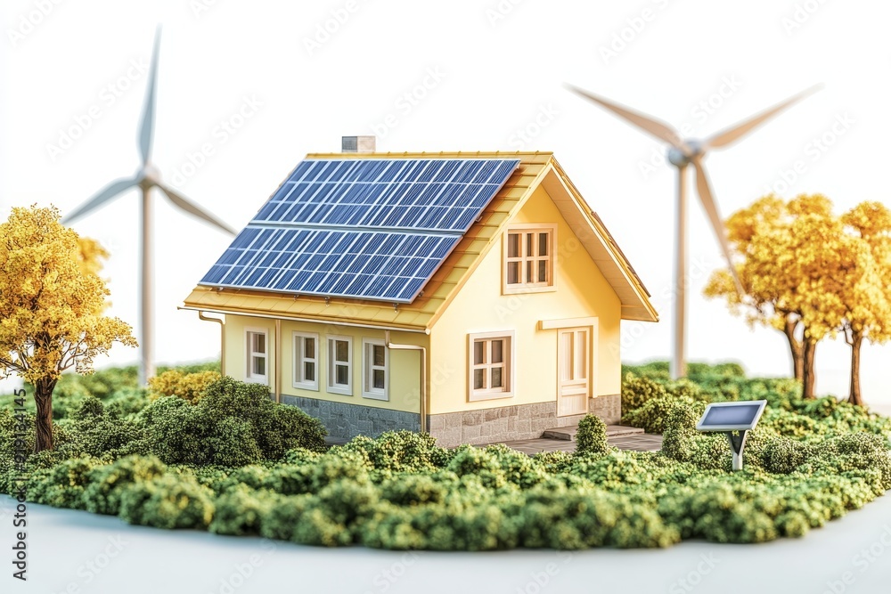 Energy-efficient home in autumn with solar panels. Energy-efficient home in autumn with solar panels.