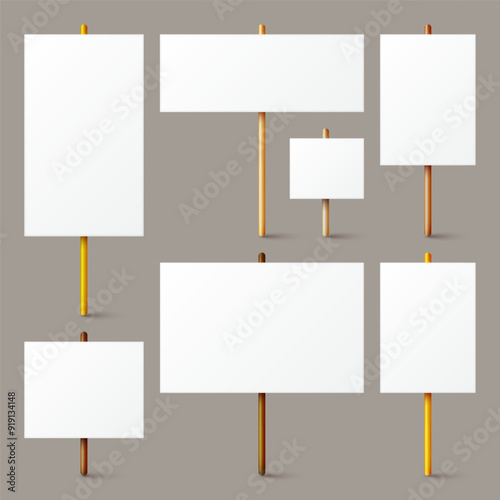 Blank white protest sign with wooden holder. Various realistic vector demonstration banners. Strike action cardboard placard mockup. Social advertisement. Vector illustration