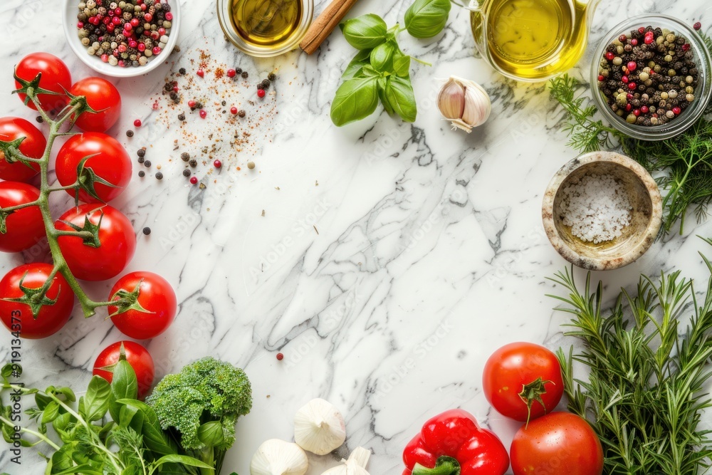 High angle view of healthy herbs, cooking and olive oil on marble table with copy space. High angle view of healthy herbs, cooking and olive oil on marble table with copy space.