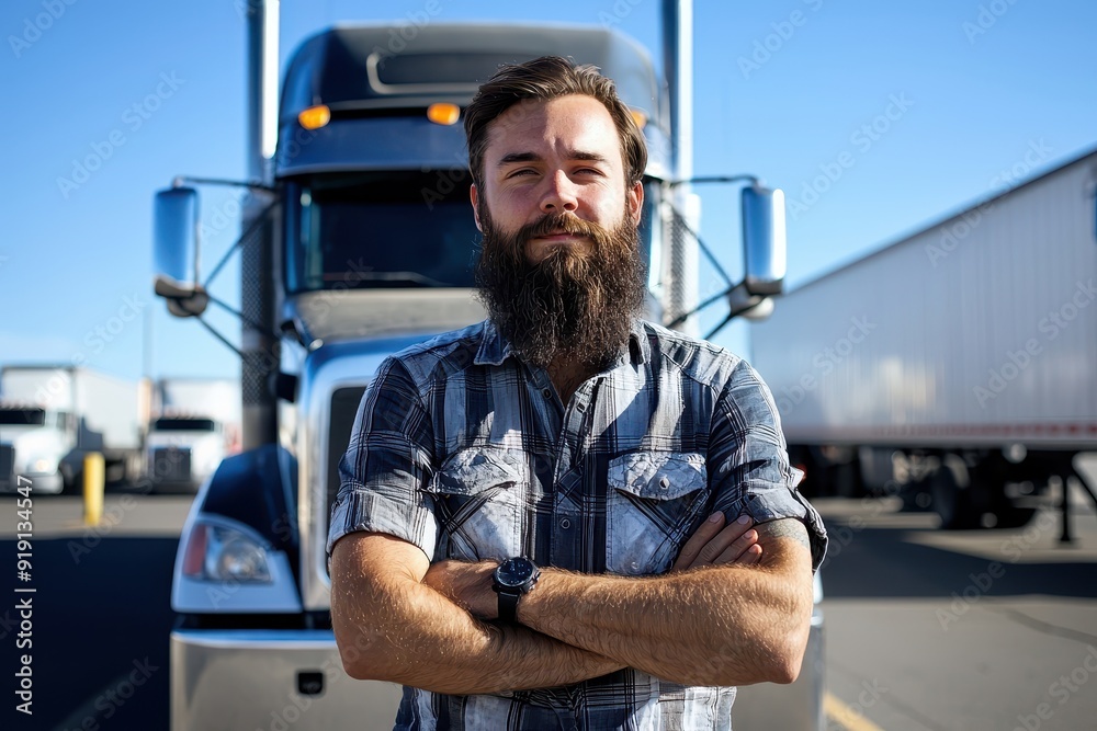 Young bearded truck driver confidently posing in front of a semi-truck, outdoors at a truck stop. Young bearded truck driver confidently posing in front of a semi-truck, outdoors at a truck stop.