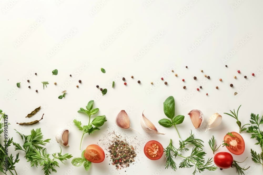 High angle view of herbs and spices in healthy cooking on white background. High angle view of herbs and spices in healthy cooking on white background.