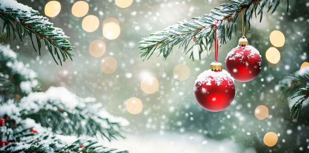 Decorative red balls on a Christmas tree, festive, holidays, decorations, ornaments, traditional, shiny, bright, seasonal
