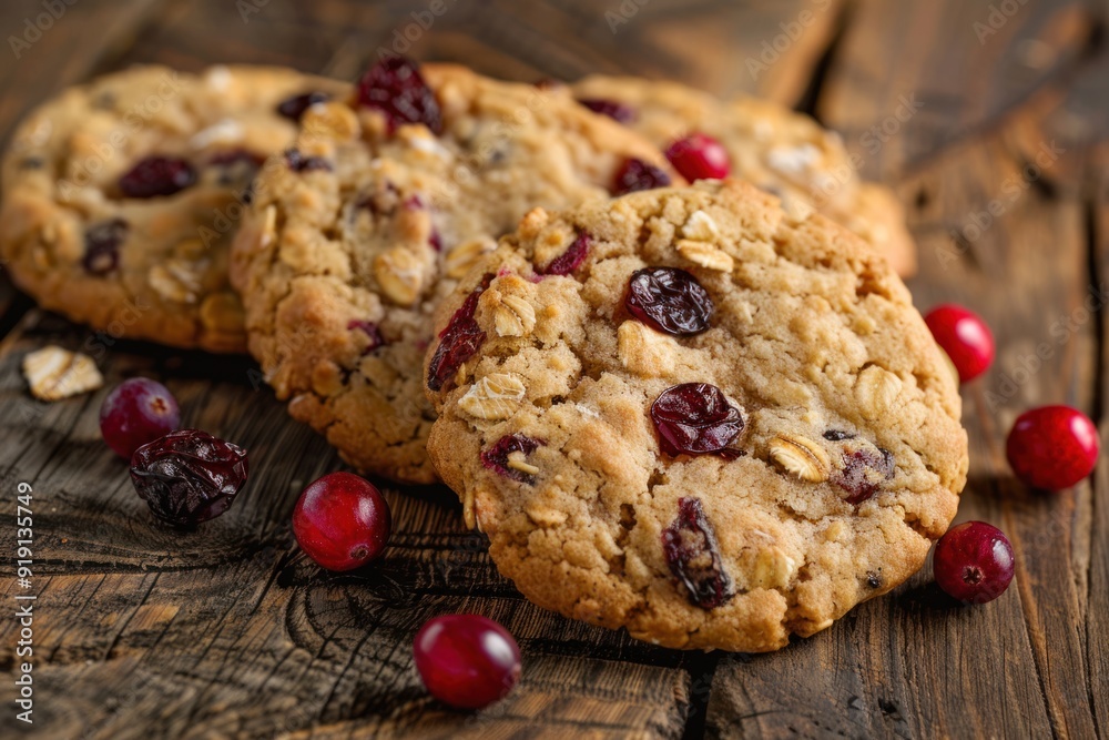 Oat cookies with cranberry and raisins on a wooden table Oat cookies with cranberry and raisins on a wooden table
