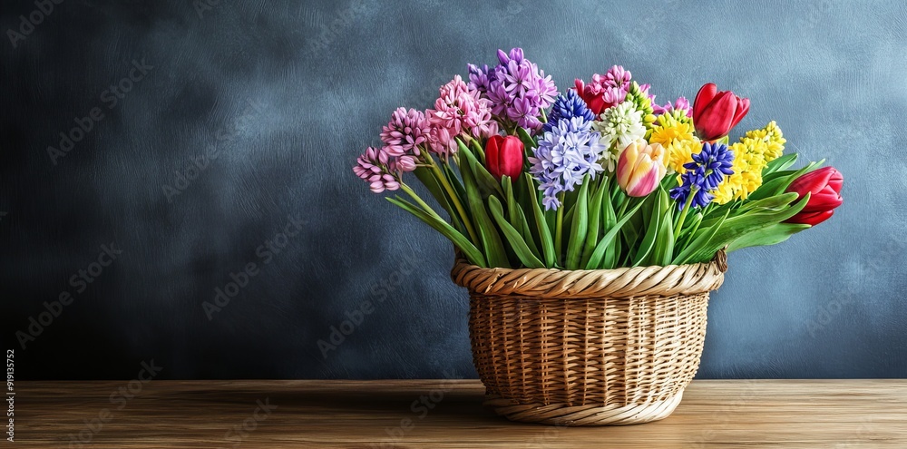 A beautiful straw bag decorated with hyacinth and carnation blossoms in season; straw bag, seasonal flowers; A beautiful straw bag decorated with hyacinth and carnation blossoms in season; straw bag, seasonal flowers;