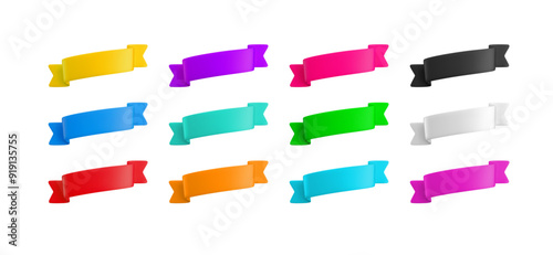 Vector Realistic 3d Wavy diagonal ribbons set. Cartoon 3d colorful sloping ribbons collection isolated on white. Vintage design element, decorative sticker. Cute folded ribbon for advert, game, app.