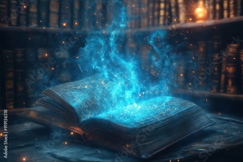 ancient magical tome radiating mystical energy swirling arcane symbols and ghostly wisps emerging from open pages surrounded by dimly lit bookshelves in enchanted library