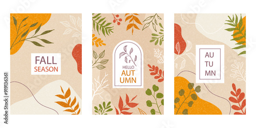Set of Fall poster, cover, card with autumn leaves, plants. Trendy vector template for advertising, web, social media, print