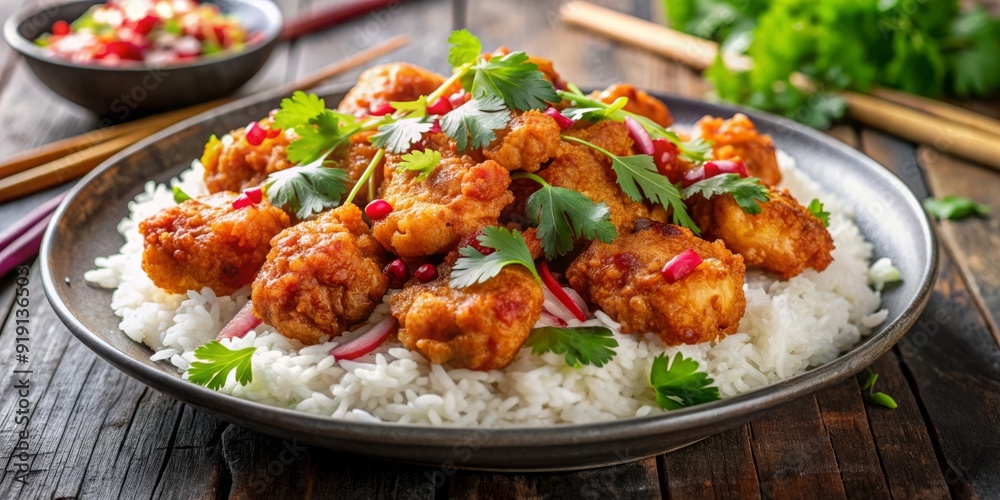 Vibrant fusion dish featuring crispy Korean-style fried chicken on a bed of Indian basmati rice, topped with Japanese pickled ginger and fresh cilantro leaves.