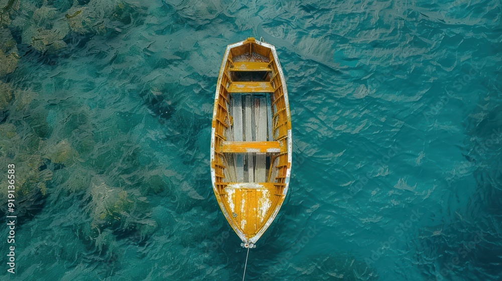 Aerial View of a Small Wooden Boat in Calm Teal Water Aerial View of a Small Wooden Boat in Calm Teal Water