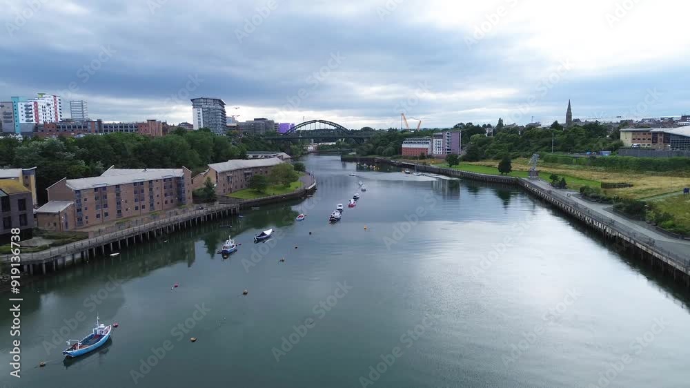 Aerial shot flying up the River Wear towards Wearmouth Bridge. City of Sunderland, UK Aerial shot flying up the River Wear towards Wearmouth Bridge. City of Sunderland, UK