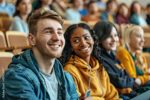 A group of people are sitting in a classroom, smiling and laughing generative ai.