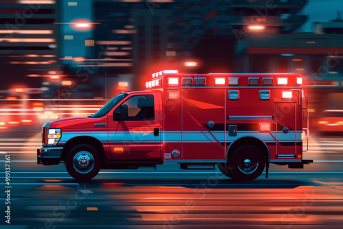 Ambulance speeds through city at night with bright lights reflecting off wet streets indicating an urgent emergency response symbolizing critical nature of emergency response