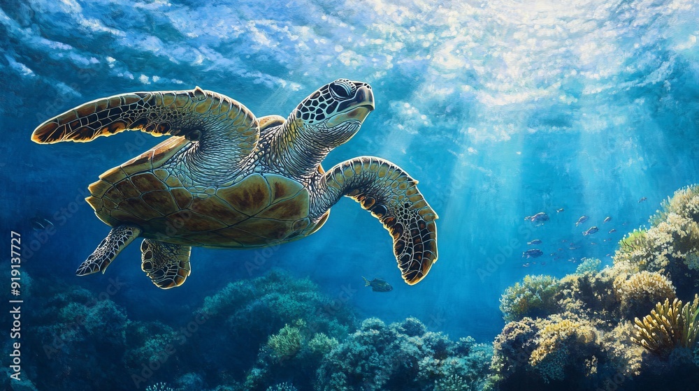 Fototapeta premium Majestic Sea Turtle Gliding Through Crystal Clear Waters