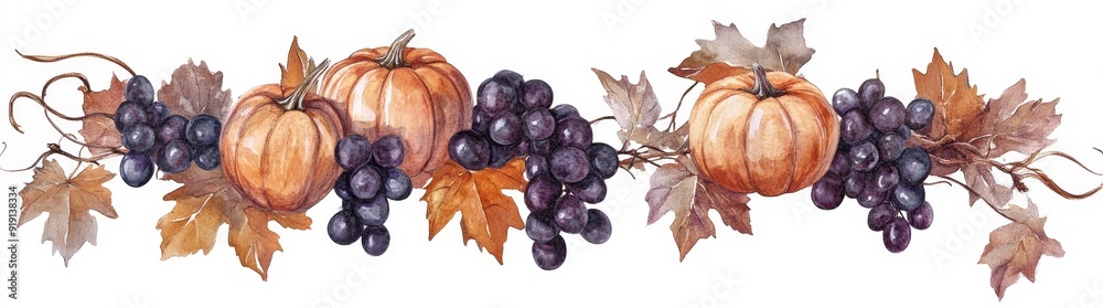 A beautifully themed autumn arrangement featuring pumpkins, grapes, and leaves. A beautifully themed autumn arrangement featuring pumpkins, grapes, and leaves.