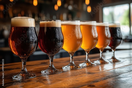 artful arrangement of craft beer glasses on a rustic wooden bar showcasing a spectrum of rich colors from pale ales to dark stouts ambient lighting enhances the mood photo