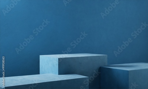Three blue podiums against a blue wall