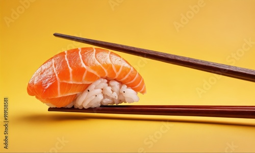 Salmon sushi held by chopsticks photo