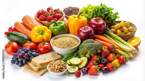 Wallpaper Mural A colorful and appetizing assortment of fresh fruits, vegetables, and whole grain snacks, isolated on a white background, promoting healthy eating habits for kids. Torontodigital.ca