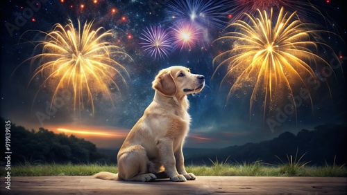 A curious golden retriever puppy watches in wonder as vibrant fireworks illuminate the night sky, its ears perked up and tail wagging with excitement.