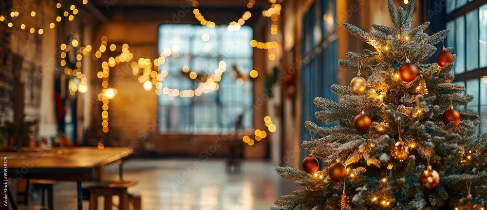 Startup office decorated for the winter holidays with christmas lights and a tree Festive decorations and ornaments for workplace xmas decorations