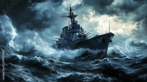 Naval Warship Braving Rough Seas with Guns Poised