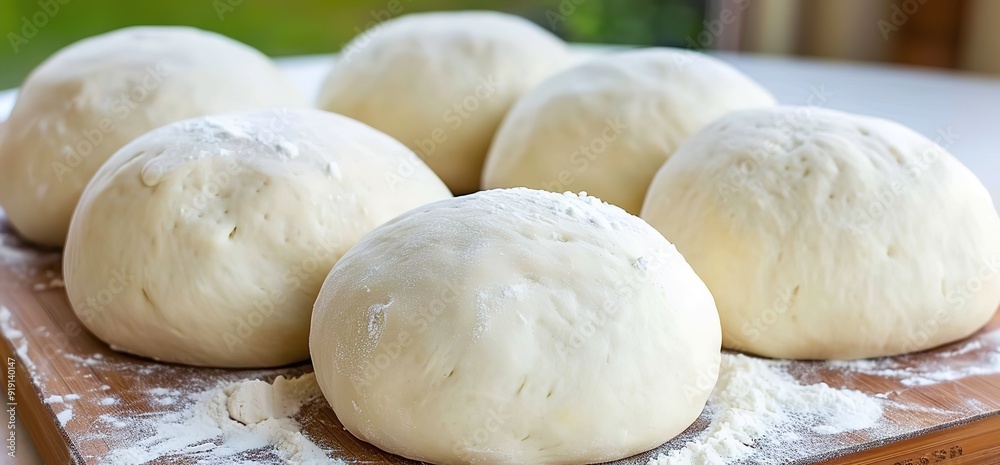 Close up of eight balls of dough rising on a counter. Close up of eight balls of dough rising on a counter.