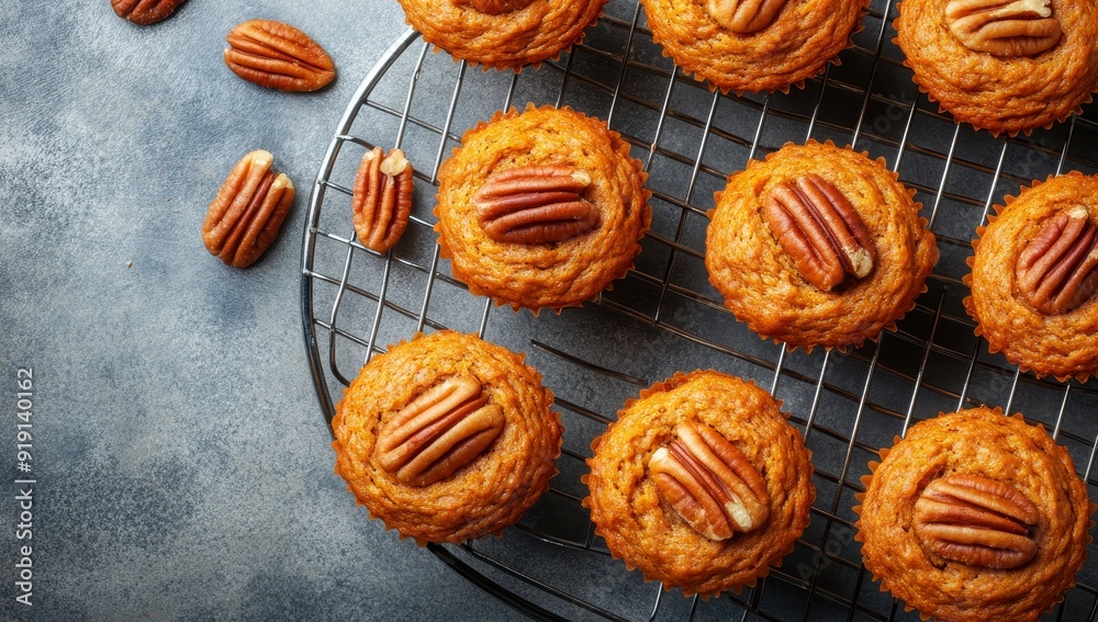 Top view of freshly baked pumpkin muffins with walnuts, cinnamon, and nutmeg on a baking rack. Autumn or winter food. Sweet seasonal pumpkin baked goods.