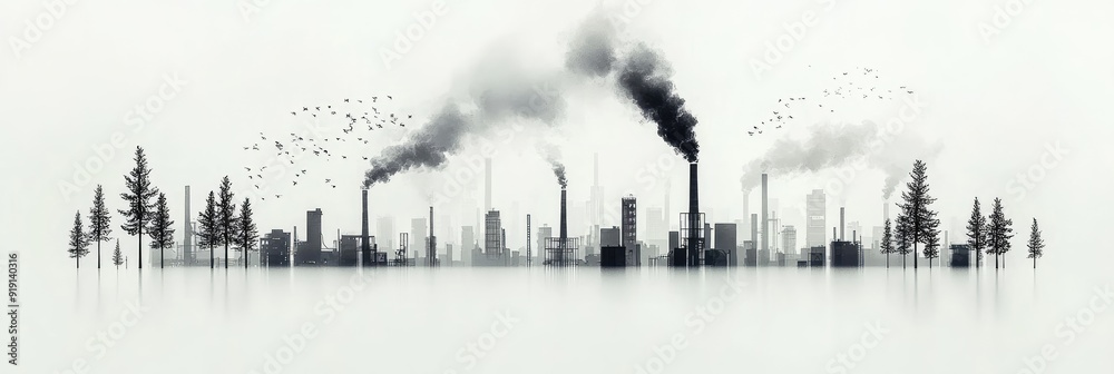 Geometric Industrial Scene with Factories and Smokestacks under Muted Lighting, Generative Ai Geometric Industrial Scene with Factories and Smokestacks under Muted Lighting, Generative Ai