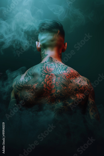 Back view of tattooed man standing in smoke filled room, showcasing intricate dragon and floral body art, symbolizing mythical atmosphere of Yakuza crime syndicate photo