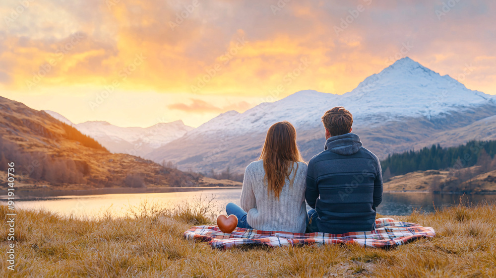 Fototapeta premium A couple is sitting on a blanket in a grassy field, with mountains in the background. The man is holding a heart-shaped object, and the woman is wearing a sweater. Concept of love and warmth.