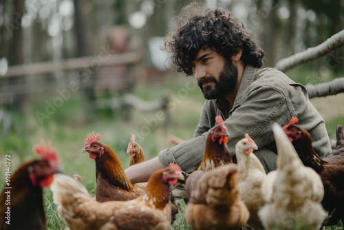 Man caring and feeding the chickens on a farm