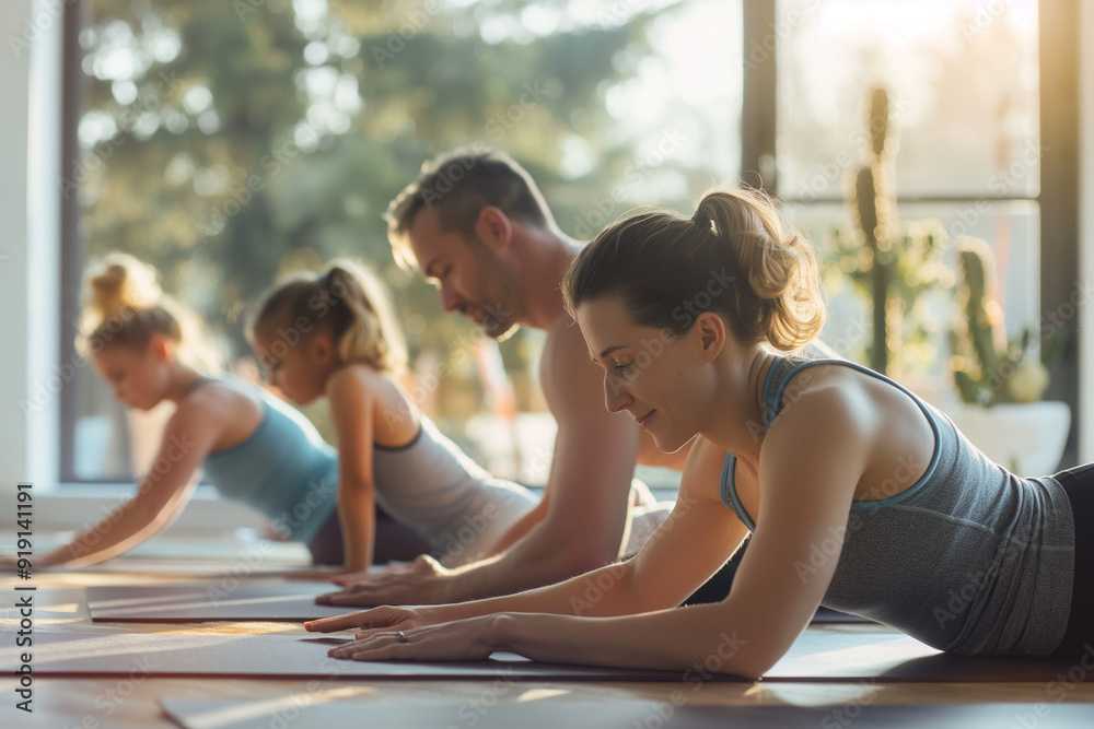 Family working out together, exercising yoga on a floor in a living room