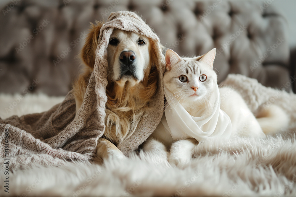 Fototapeta cat and dog on the bed
