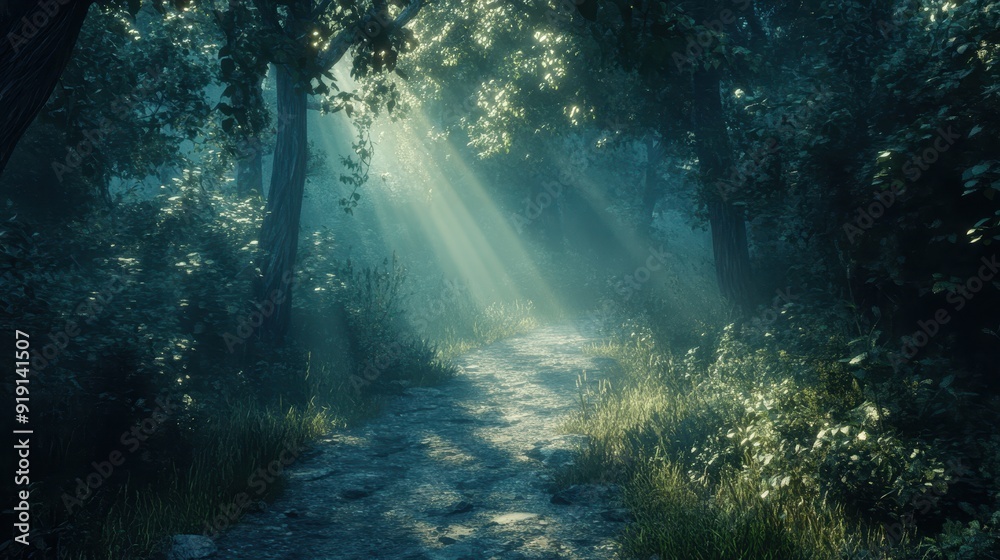 Obraz premium Sunbeams Through Foggy Forest Path, Magical Nature Scene.
