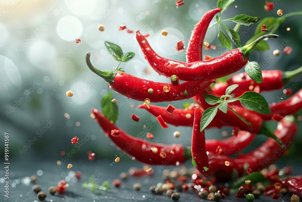Chili pepper and half slices suspended in the air with green leaves. Generative AI Chili pepper and half slices suspended in the air with green leaves. Generative AI